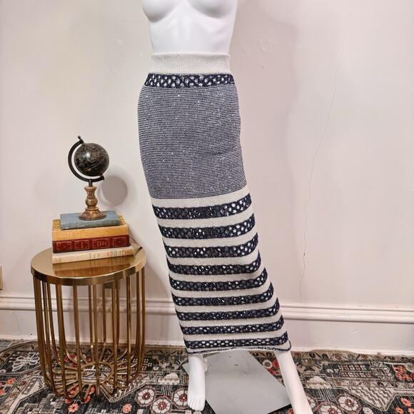 Balmain Blue White Knit Sequin Maxi Skirt 36 NWT Bodycon Chic Nautical - Picture 1 of 13